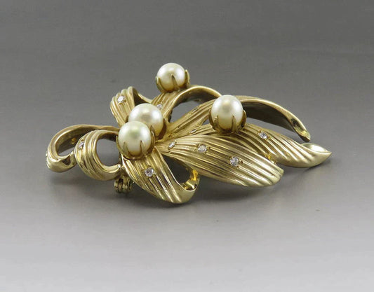 Vintage Retro 14K Yellow Gold Pearl Diamond Matte Finish Brooch Statement Pin