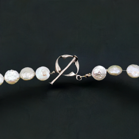 Long 38 Inch Real Flat Pearl Necklace w/ Sterling Silver Toggle Clasp