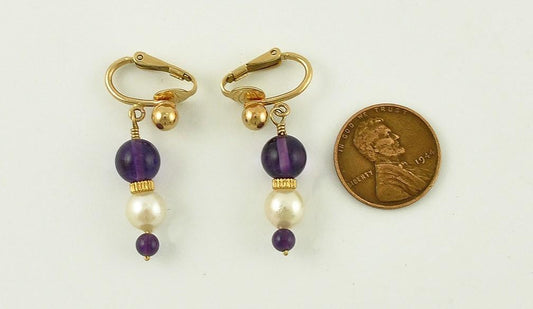 Beautiful 14k Yellow Gold Genuine Amethyst Pearl Clip On Earrings