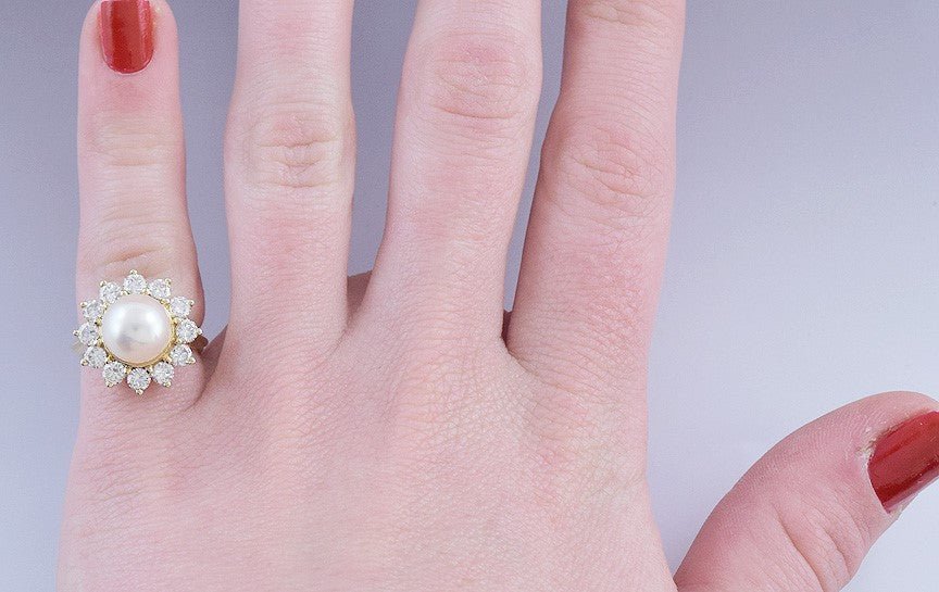Gorgeous 14k Yellow Gold 9.2mm Pearl 1.20ct Diamond Halo Ring Size 5.25