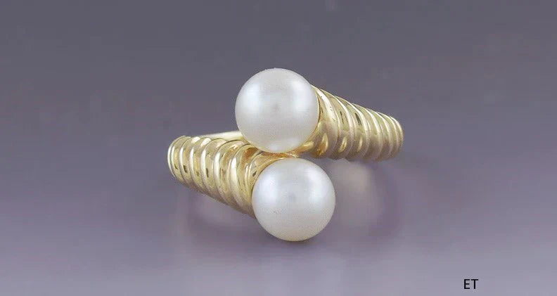 Attractive Double Pearl 14k Yellow Gold Bypass Shrimp Ring