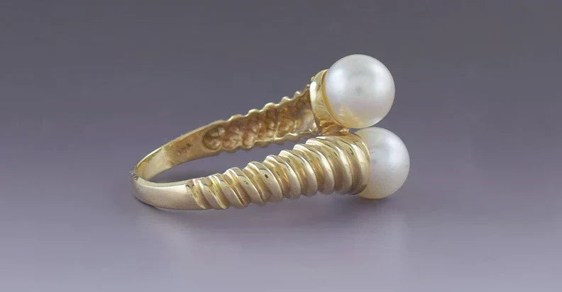 Attractive Double Pearl 14k Yellow Gold Bypass Shrimp Ring