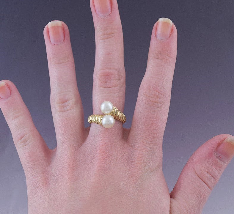 Attractive Double Pearl 14k Yellow Gold Bypass Shrimp Ring