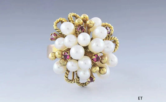 Luminous 14k Yellow Gold Ruby & Pearl Cocktail Ring Size 6