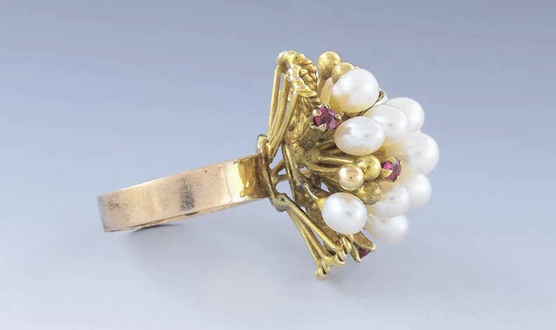 Luminous 14k Yellow Gold Ruby & Pearl Cocktail Ring Size 6