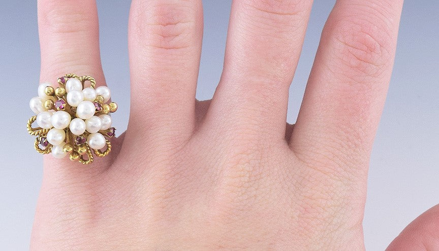 Luminous 14k Yellow Gold Ruby & Pearl Cocktail Ring Size 6