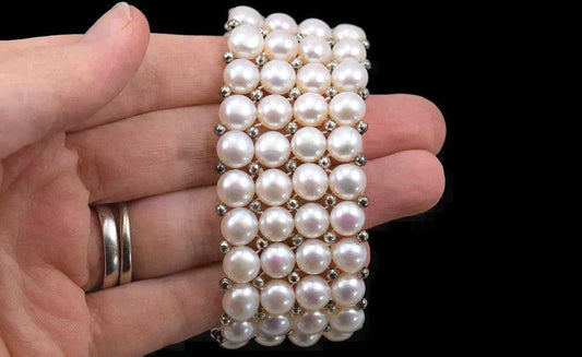 Queenly Vintage Real Pearl Quilted Bracelet w/ Silvery Bead Accents