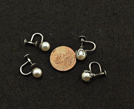2 Pairs Sterling Silver Pearl Screw-Backed Earrings