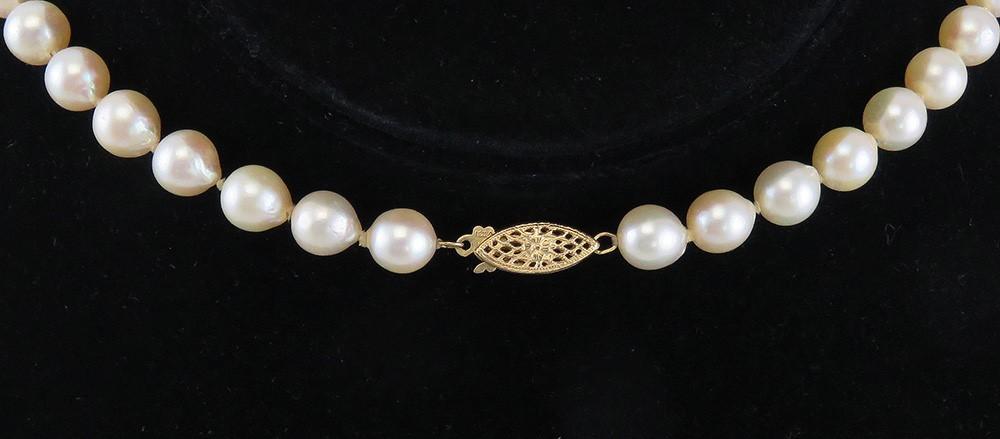 Fabulous Single Strand Baroque ~7.6mm Pearl Necklace 14k Gold Filigree Clasp