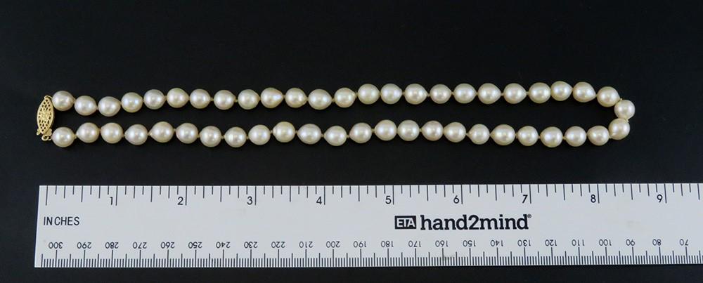Fabulous Single Strand Baroque ~7.6mm Pearl Necklace 14k Gold Filigree Clasp