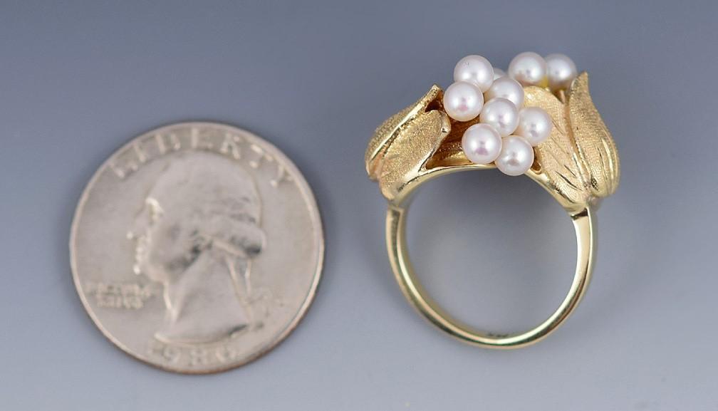 Tulip Form 14k Yellow Gold and Pearl Double Bypass Engraved Ring Sz 6