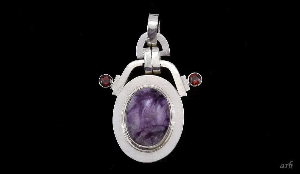 Attractive Sterling Silver Pendant w/ Large Purple Charoite and Garnet Stones