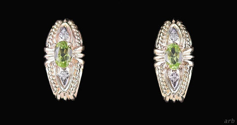 Sparkling Pair of 14k Yellow Gold Pierced Earrings w/ Diamonds and Green Peridot