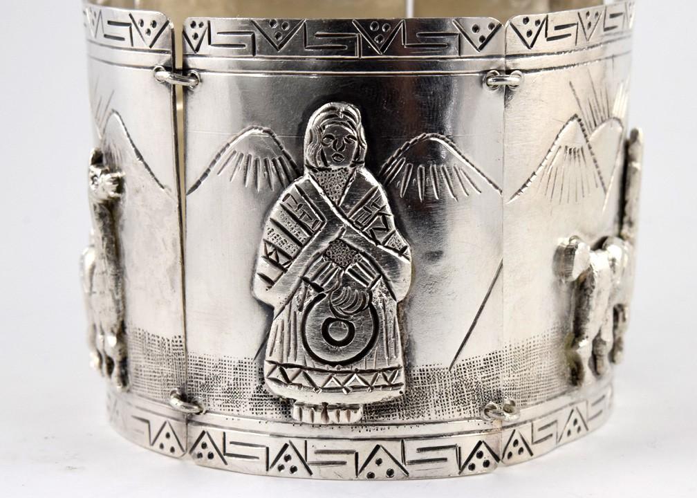 Terrific Peruvian Sterling Silver Engraved Bracelet w/ Andes Mtns, Llamas, Women