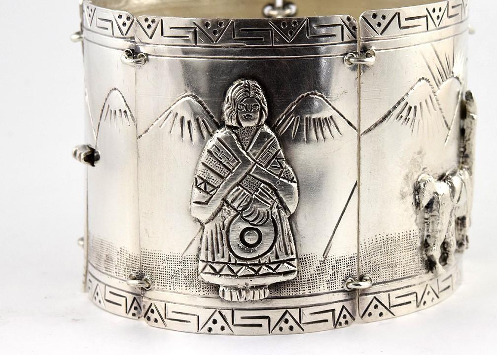 Terrific Peruvian Sterling Silver Engraved Bracelet w/ Andes Mtns, Llamas, Women