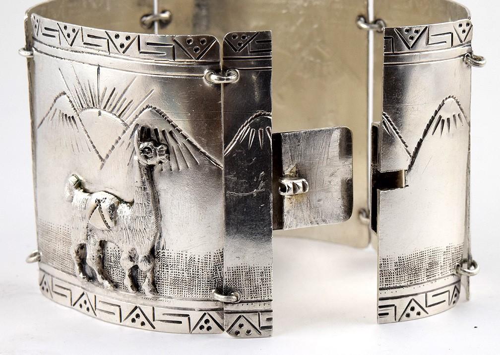 Terrific Peruvian Sterling Silver Engraved Bracelet w/ Andes Mtns, Llamas, Women