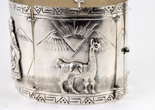 Terrific Peruvian Sterling Silver Engraved Bracelet w/ Andes Mtns, Llamas, Women