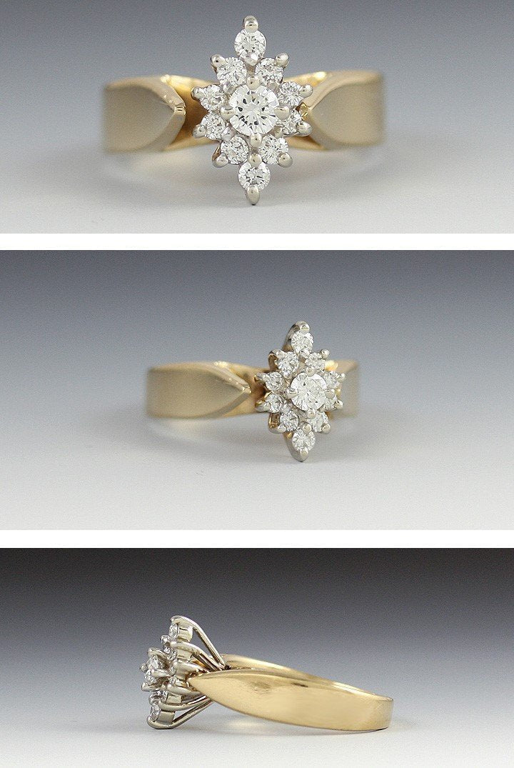 Nice 14k Yellow Gold & Diamond Navette Cluster Ring Size 5