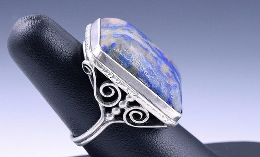 Vintage Sterling Silver Ring w/ Blue Sodalite Stone and Swirl Designs Sz 6.75
