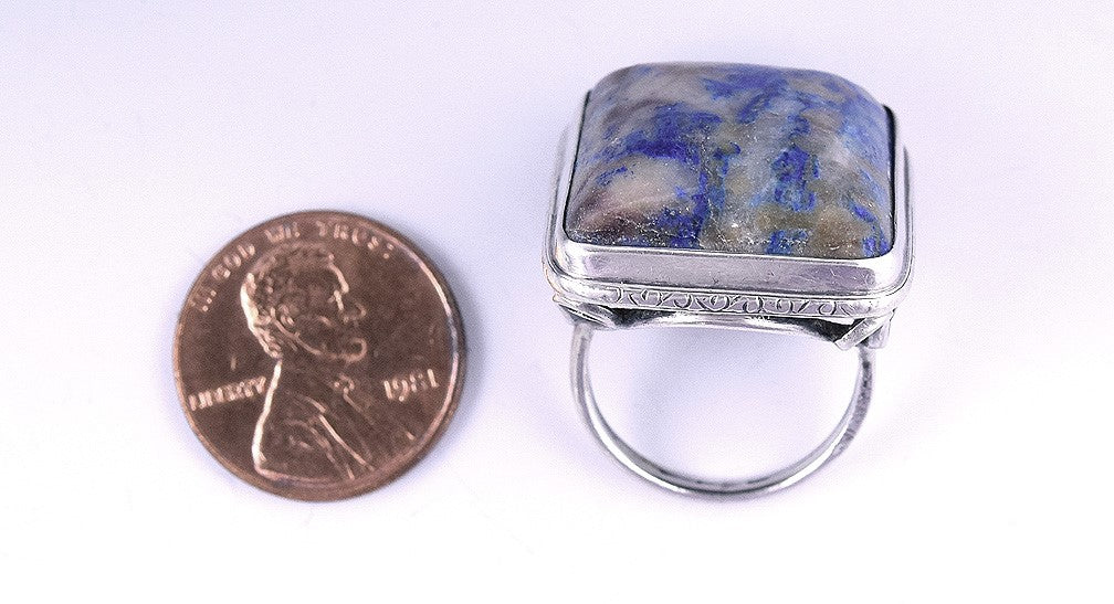 Vintage Sterling Silver Ring w/ Blue Sodalite Stone and Swirl Designs Sz 6.75