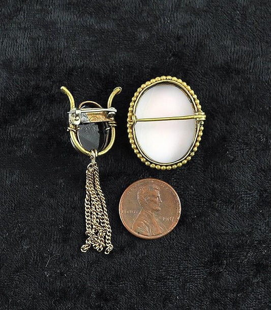 2 Antique Victorian Genuine Left Facing Cameo Gold Filled Pins/Brooches