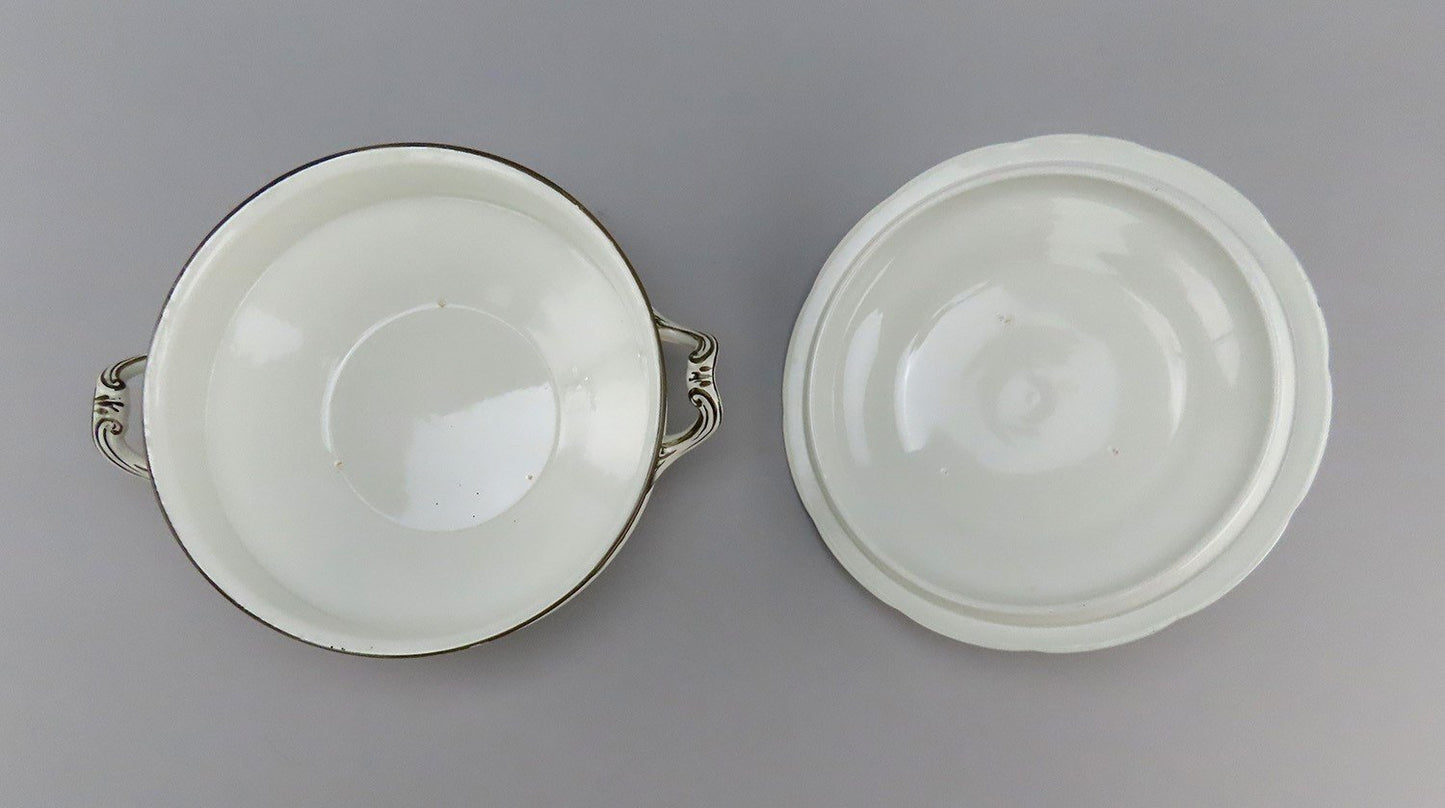 Wonderful Vintage Hancock Porcelain Indian Tree Covered Dish Black Key Gold Trim