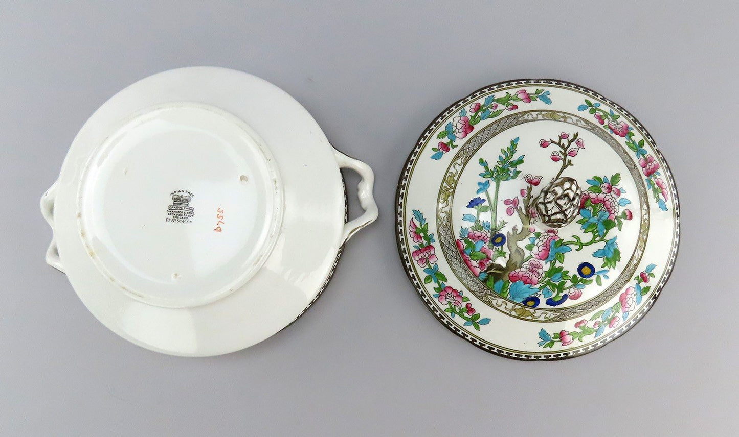 Wonderful Vintage Hancock Porcelain Indian Tree Covered Dish Black Key Gold Trim
