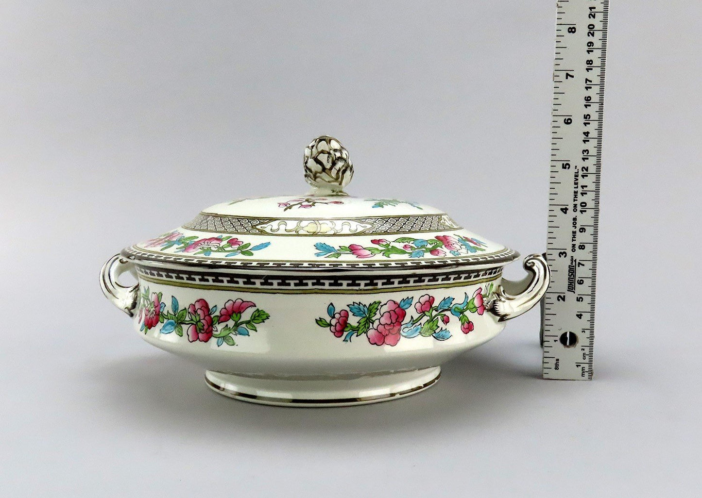 Wonderful Vintage Hancock Porcelain Indian Tree Covered Dish Black Key Gold Trim