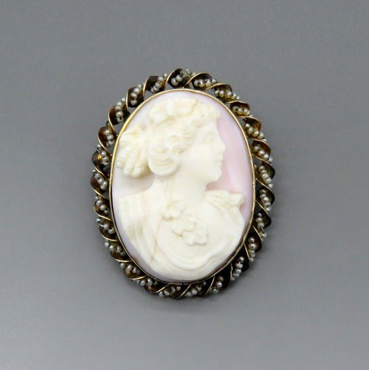 Early 1900s 10k Yellow Gold Real Seed Pearl Carved Cameo Brooch Pendant Pin