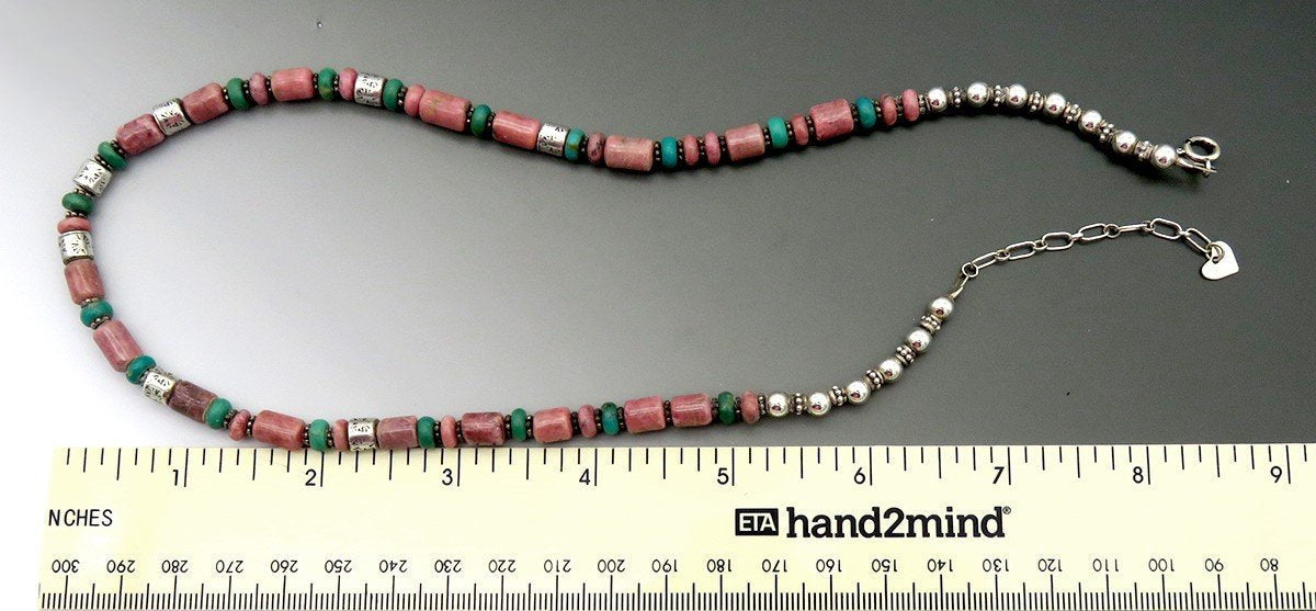 Artisan Sterling Silver Turquoise Rhodonite Punchwork Bead Necklace