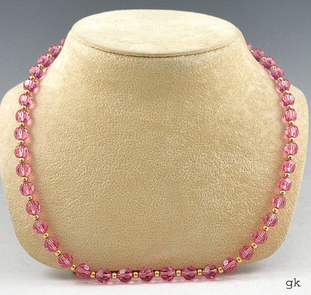 Lovely 14K Yellow Gold and Pink Glass Beaded Necklace 17"