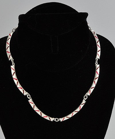 Stunning Sterling Silver Pink and Red Enameled Link Necklace 15"