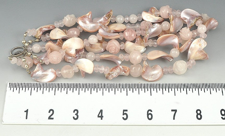 Nice Sterling Silver w/ Pink Rose Quartz and Pink Shell Necklace w/ Carved Beads