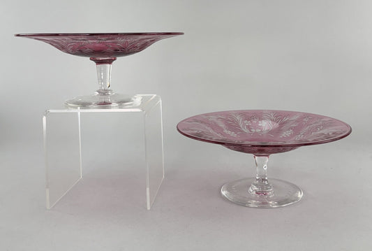 Rare Pair c1915 Carder Steuben Red Cut Clear Low Tazzas Compotes Pedestal Bowls