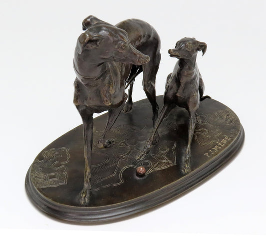 Late 1800s Pierre Jules Mene French Bronze Two Whippets at Play Jiji et Gisella