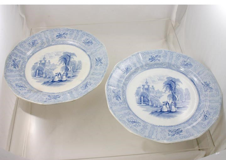 2 c1840 English Podmore Walker Pearl Stoneware Blue White Spartan Pattern Plates