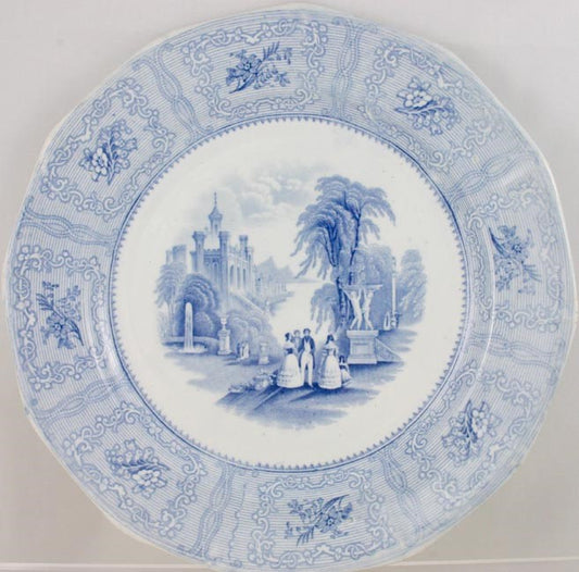 2 c1840 English Podmore Walker Pearl Stoneware Blue White Spartan Pattern Plates
