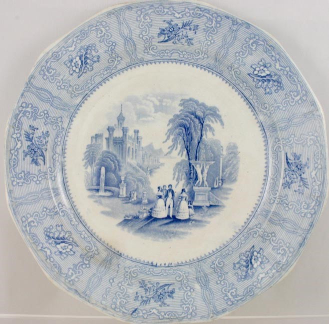 2 c1840 English Podmore Walker Pearl Stoneware Blue White Spartan Pattern Plates