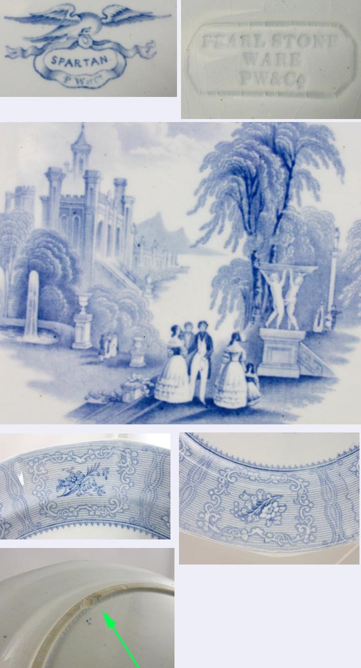 2 c1840 English Podmore Walker Pearl Stoneware Blue White Spartan Pattern Plates