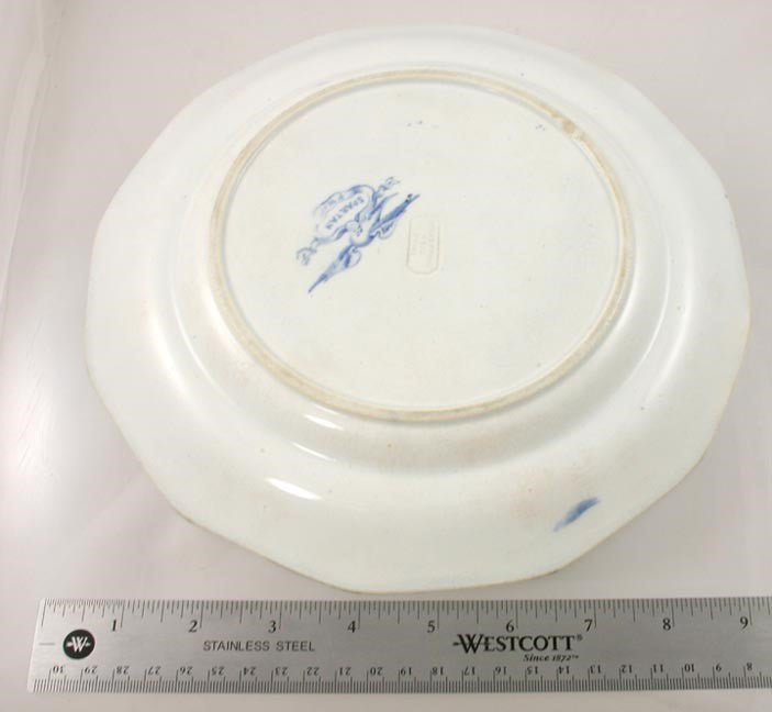 2 c1840 English Podmore Walker Pearl Stoneware Blue White Spartan Pattern Plates