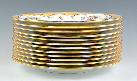 12 Mintons Gilt Floral Porcelain Luncheon Plates - Orange Border Patt H4704