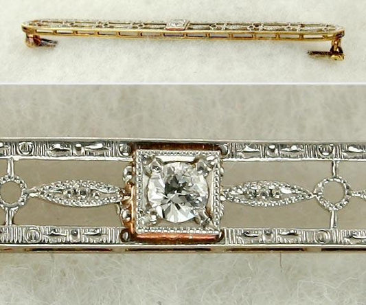 Great Quality 14K White and Yellow Gold Diamond Filigree Bar Pin Brooch