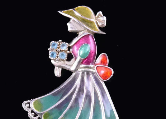 Brilliant Sterling Silver Colorful Plique-a-Jour Pin of a Girl and Flowers
