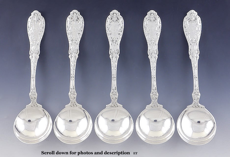 5 Antique Gorham Paris 1901 Sterling Silver Bouillon Soup Spoons 5 1/4"