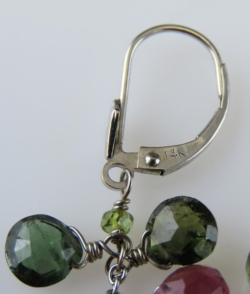 Beautiful 14k White Gold Multicolor Pink Green Tourmaline Dangle Drop Earrings