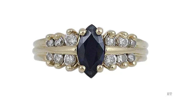 Stunning 14K Yellow Gold Diamond Marquise Blue Sapphire Ring Size 6