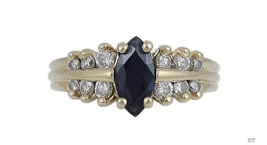 Stunning 14K Yellow Gold Diamond Marquise Blue Sapphire Ring Size 6