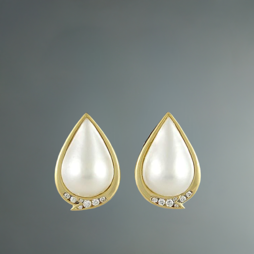 18k Yellow Gold Diamond & Mabe Pearl Clipback Earrings