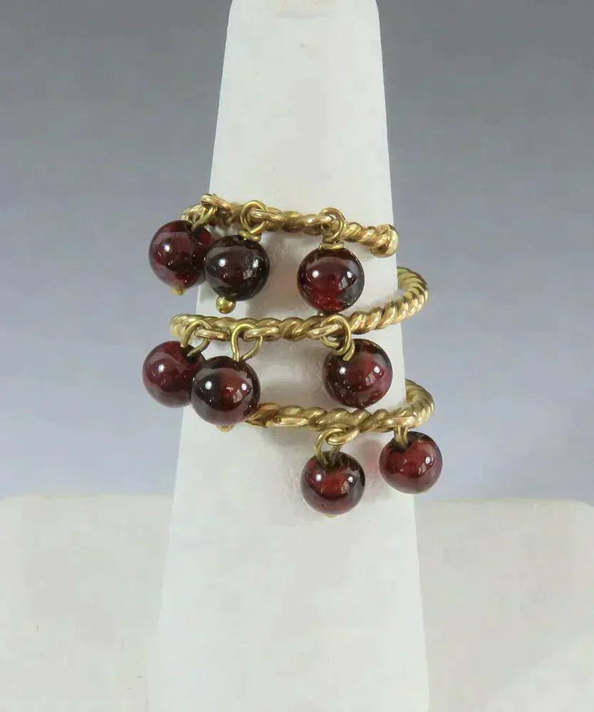 Fab VTG 18k Yellow Gold Red Garnet Bead Dangle Bauble Fidget Ring Size 6.5