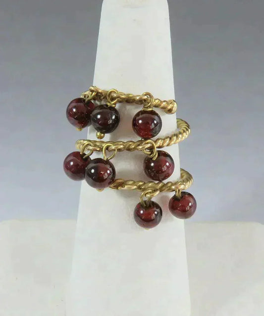 Fab VTG 18k Yellow Gold Red Garnet Bead Dangle Bauble Fidget Ring Size 6.5